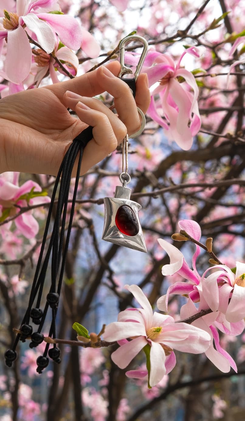 PUFF portrait press image in cherry blossom styling.